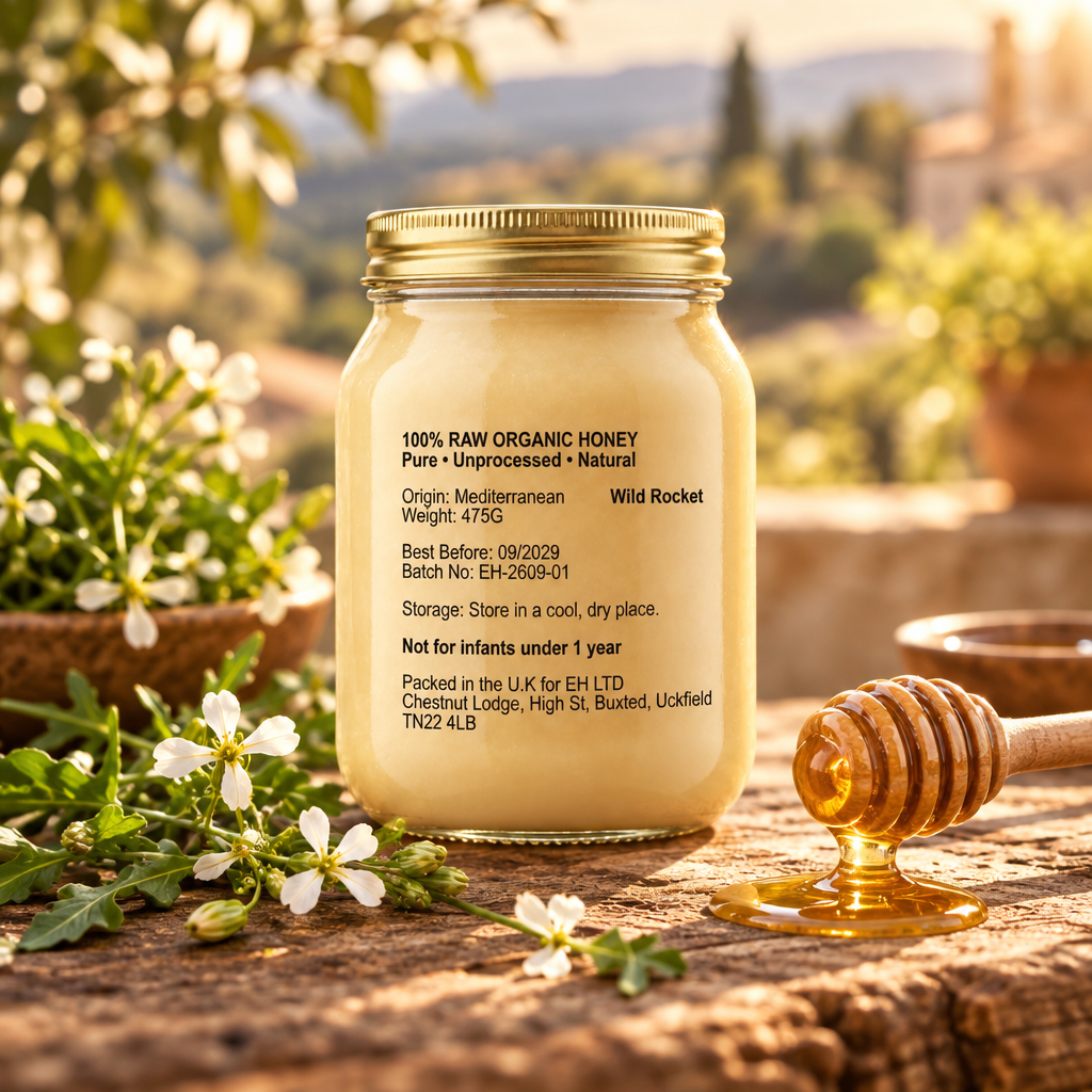 Algerian Wild Rocket Honey styled product shot with rustic wooden surface and Mediterranean sunlight