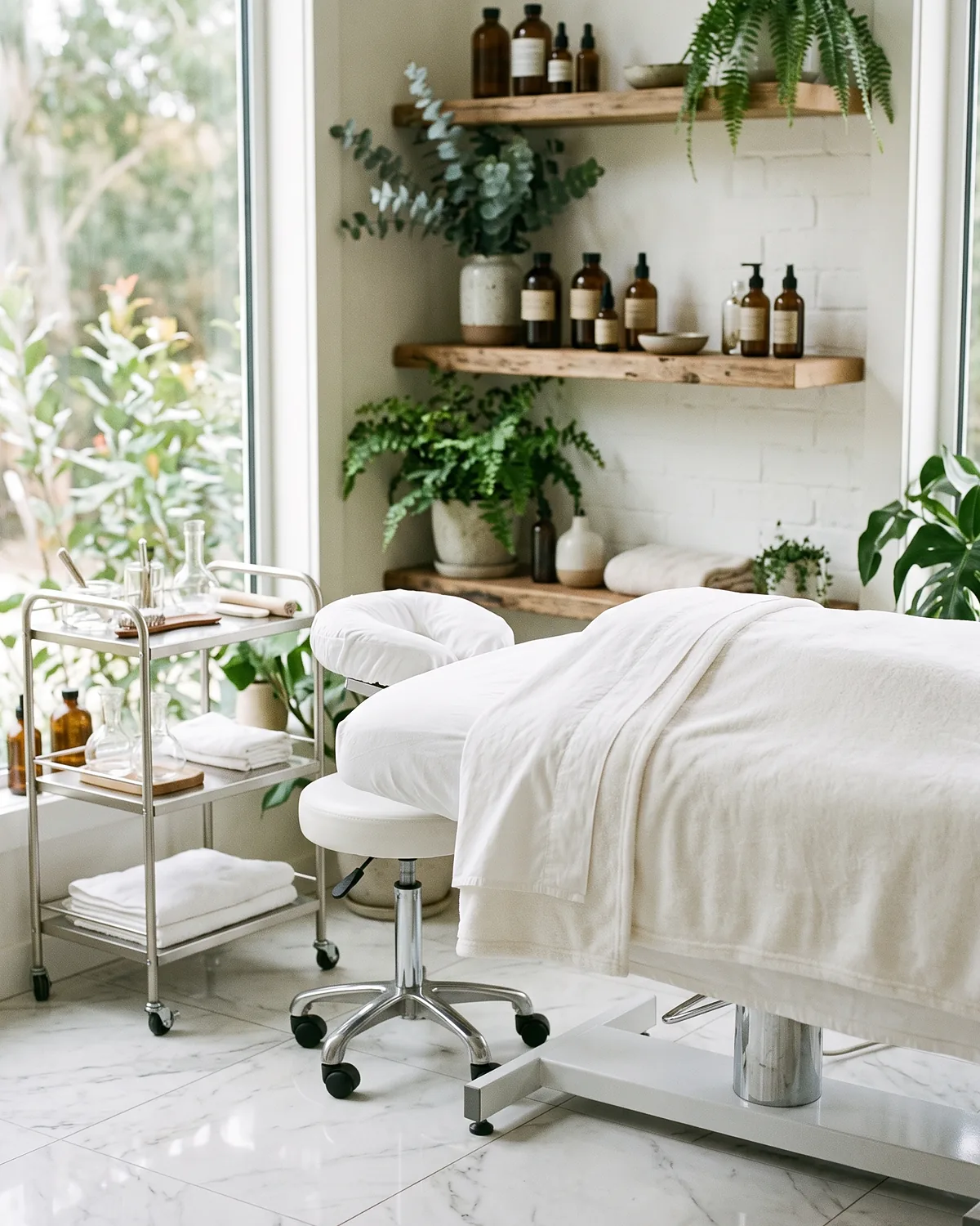 Bright, calm treatment room at Natural Detox Therapy with a massage table, plants and natural light